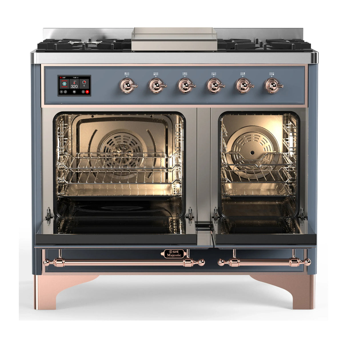 ILVE Majestic III 40-inch Dual Fuel Range with 5 Liquid Propane Burner, Griddle and Triple Glass Door Electric Oven in Blue Grey with Copper Trim (UMD40FNR3BGPLP)