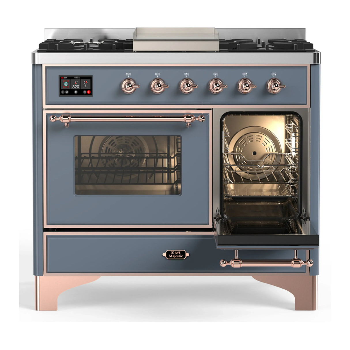 ILVE Majestic III 40-inch Dual Fuel Range with 5 Liquid Propane Burner, Griddle and Triple Glass Door Electric Oven in Blue Grey with Copper Trim (UMD40FNR3BGPLP)