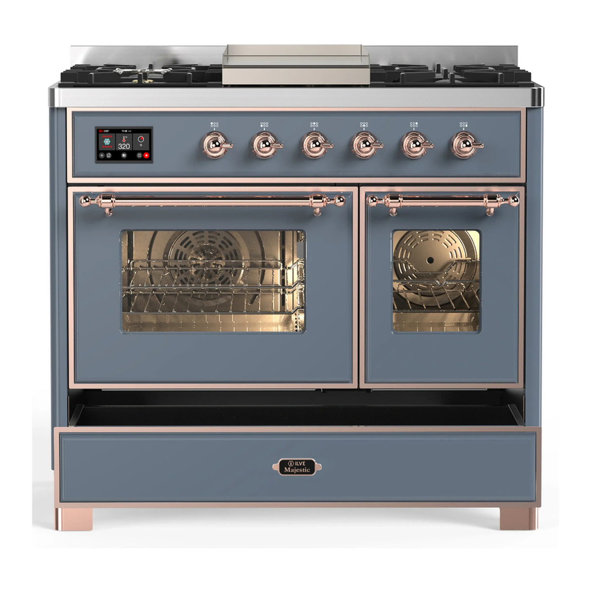 ILVE Majestic III 40-inch Dual Fuel Range with 5 Liquid Propane Burner, Griddle and Triple Glass Door Electric Oven in Blue Grey with Copper Trim (UMD40FNR3BGPLP)
