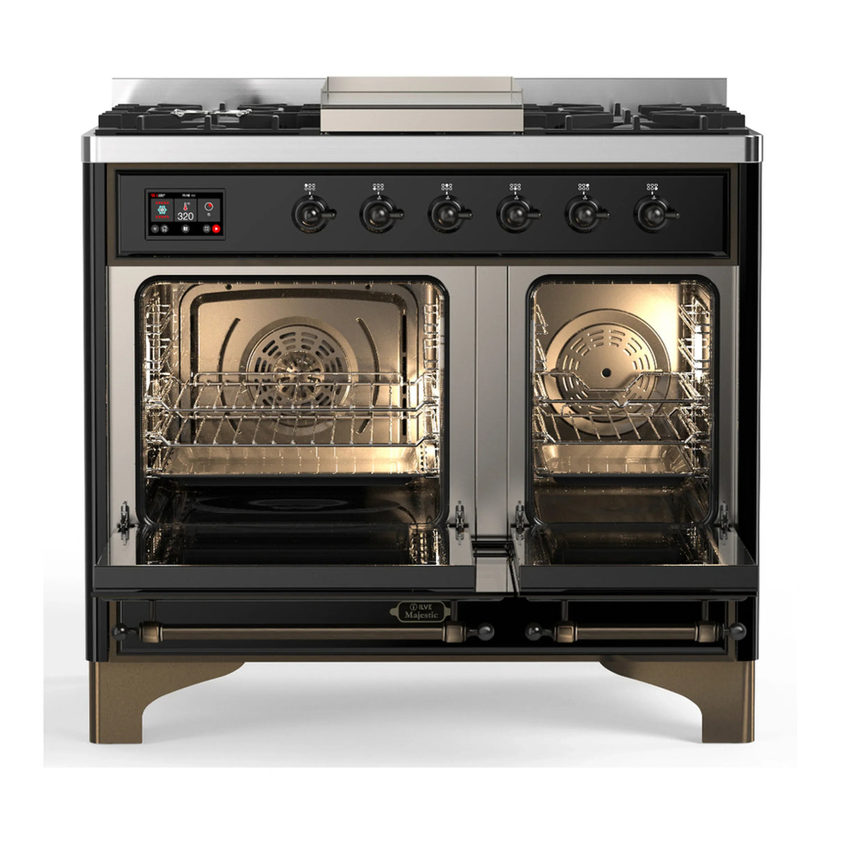 ILVE Majestic III 40-inch Dual Fuel Range with 5 Liquid Propane Burner, Griddle and Triple Glass Door Electric Oven in Glossy Black with Burnished Trim (UMD40FNR3BKBLP)