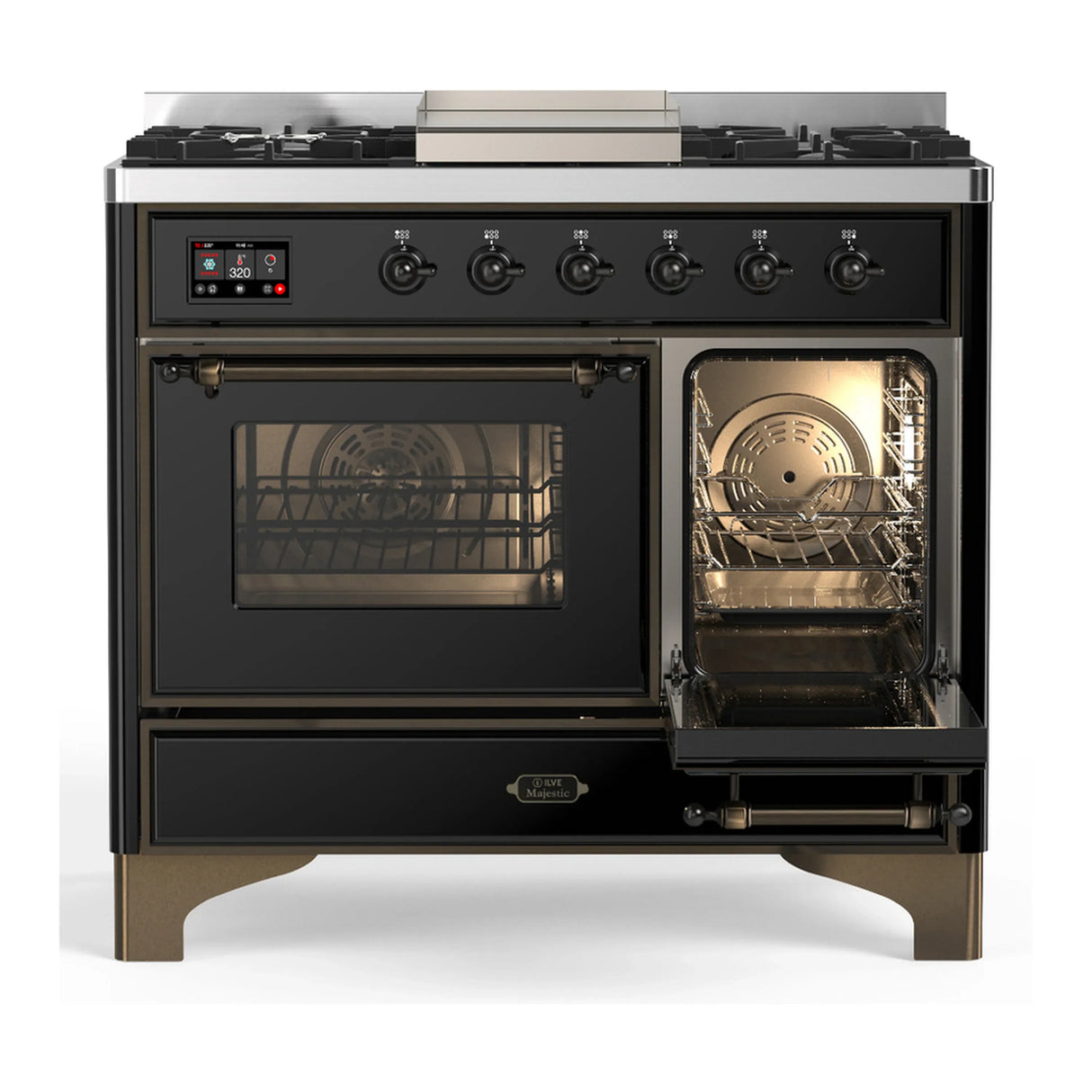 ILVE Majestic III 40-inch Dual Fuel Range with 5 Liquid Propane Burner, Griddle and Triple Glass Door Electric Oven in Glossy Black with Burnished Trim (UMD40FNR3BKBLP)