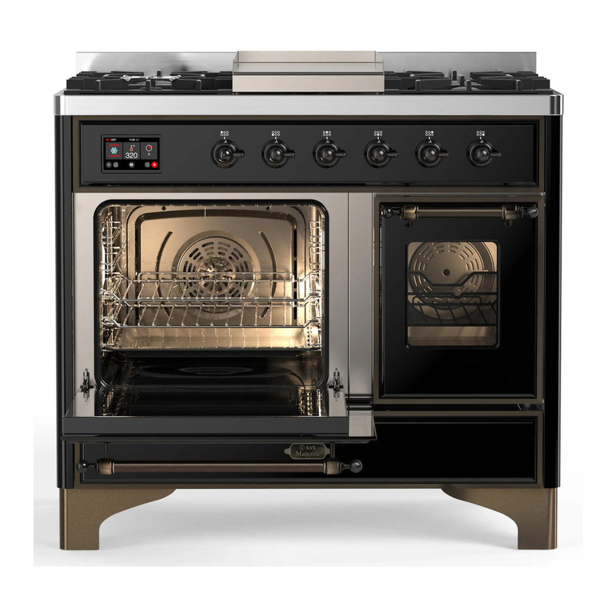 ILVE Majestic III 40-inch Dual Fuel Range with 5 Liquid Propane Burner, Griddle and Triple Glass Door Electric Oven in Glossy Black with Burnished Trim (UMD40FNR3BKBLP)