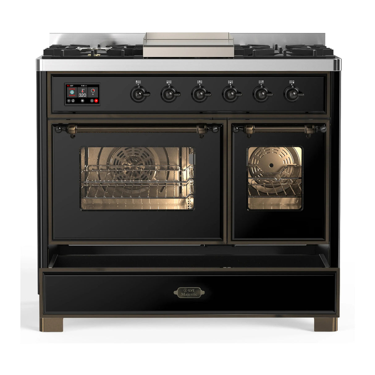 ILVE Majestic III 40-inch Dual Fuel Range with 5 Liquid Propane Burner, Griddle and Triple Glass Door Electric Oven in Glossy Black with Burnished Trim (UMD40FNR3BKBLP)