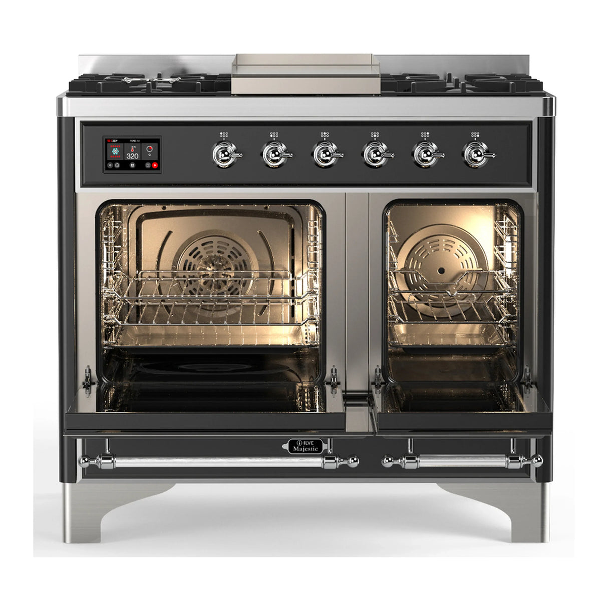 ILVE Majestic III 40-inch Dual Fuel Range with 6 Natural Gas Burner, Griddle and Triple Glass Door Electric Oven in Glossy Black with Chrome Trim (UMD40FNR3BKC)