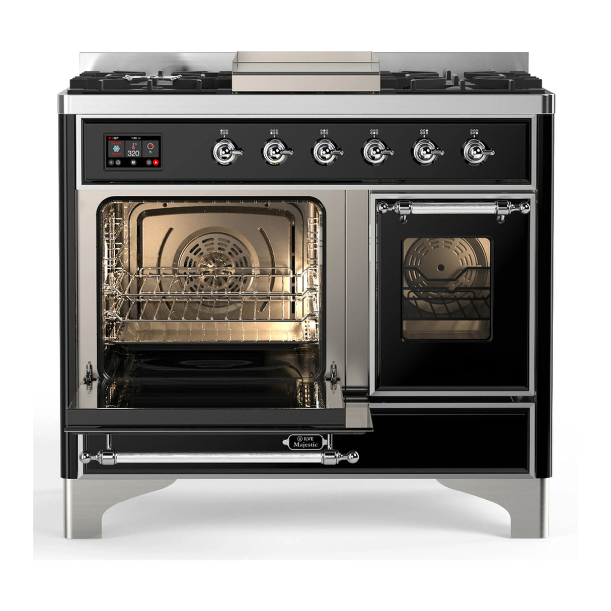ILVE Majestic III 40-inch Dual Fuel Range with 6 Natural Gas Burner, Griddle and Triple Glass Door Electric Oven in Glossy Black with Chrome Trim (UMD40FNR3BKC)