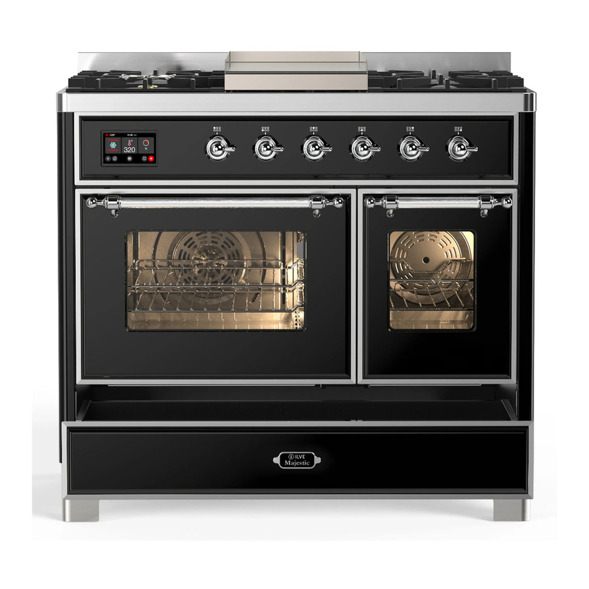 ILVE Majestic III 40-inch Dual Fuel Range with 5 Liquid Propane Burner, Griddle and Triple Glass Door Electric Oven in Glossy Black with Chrome Trim (UMD40FNR3BKCLP)