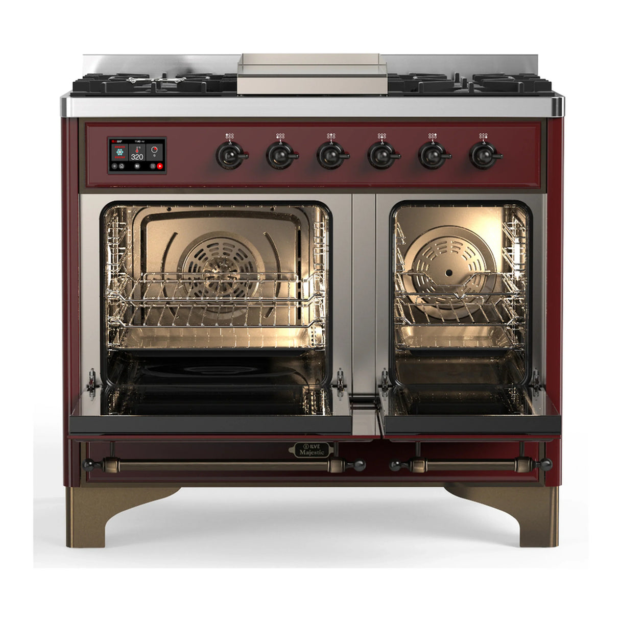 ILVE Majestic III 40-inch Dual Fuel Range with 6 Natural Gas Burner, Griddle and Triple Glass Door Electric Oven in Burgundy with Burnished Trim (UMD40FNR3BUB)