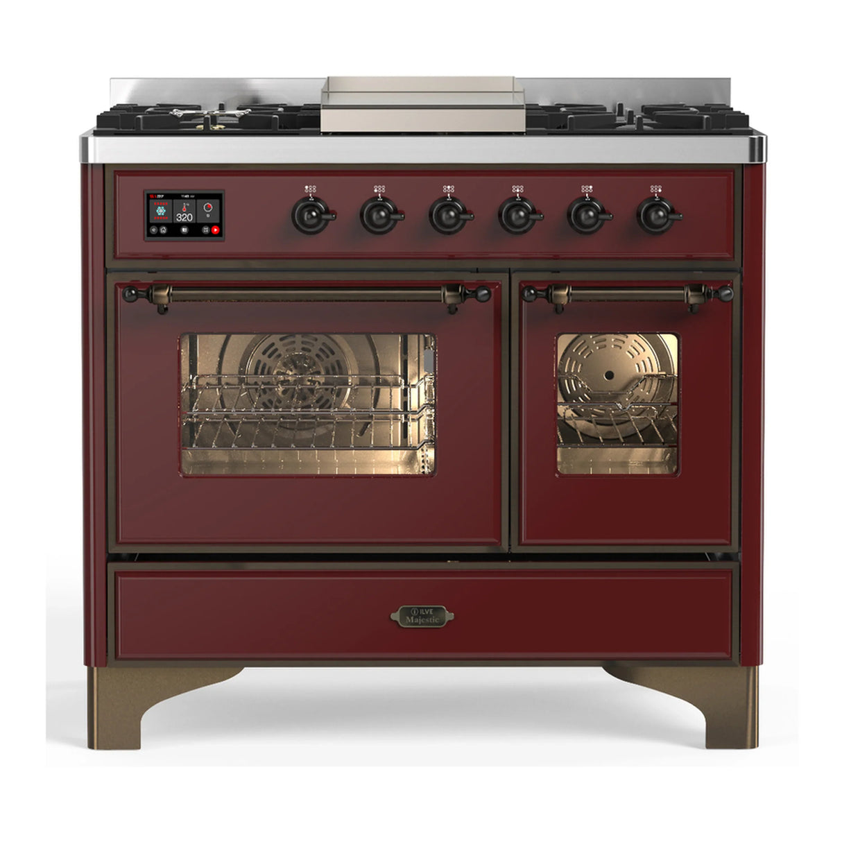 ILVE Majestic III 40-inch Dual Fuel Range with 6 Natural Gas Burner, Griddle and Triple Glass Door Electric Oven in Burgundy with Burnished Trim (UMD40FNR3BUB)