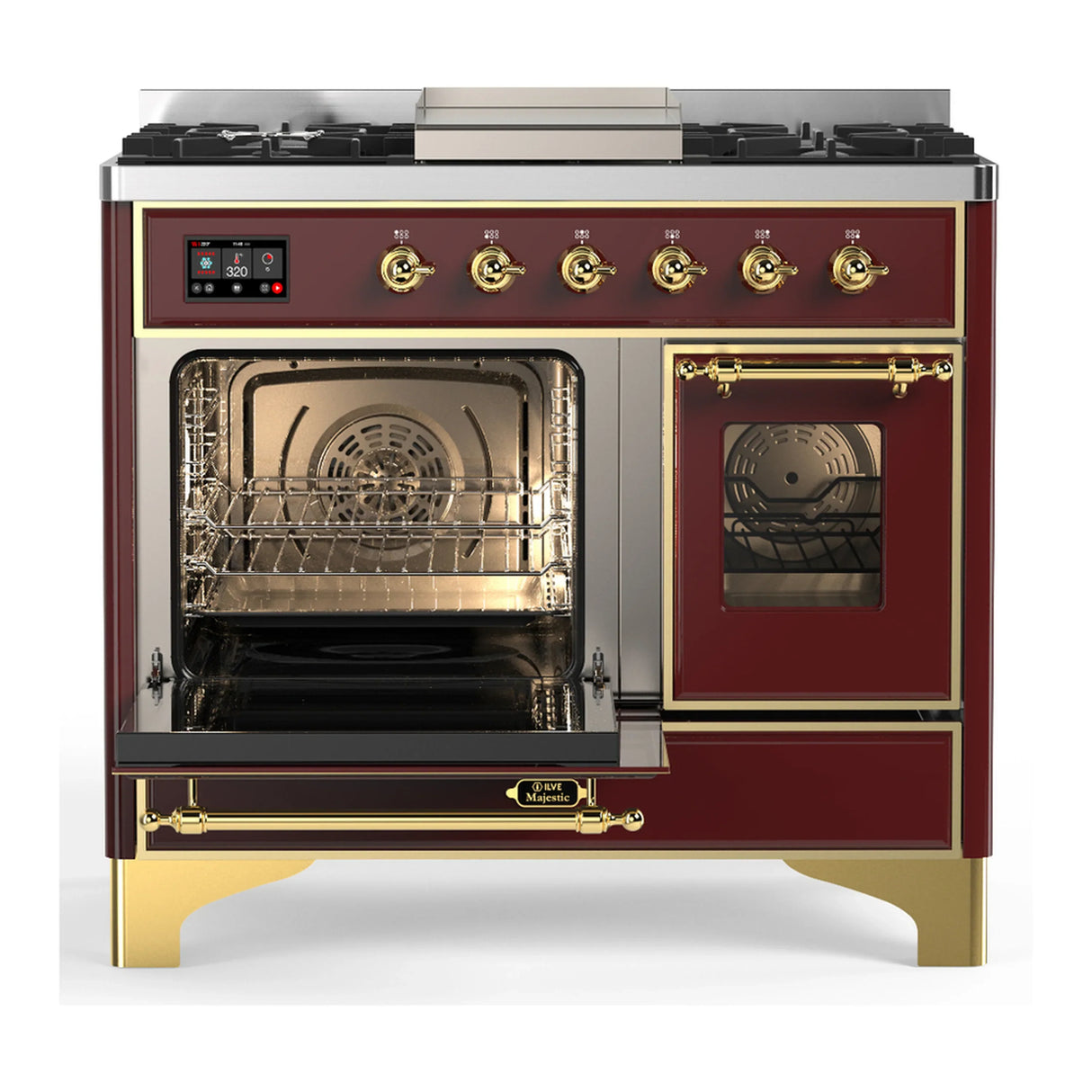 ILVE Majestic III 40-inch Dual Fuel Range with 5 Liquid Propane Burner, Griddle and Triple Glass Door Electric Oven in Burgundy with Brass Trim (UMD40FNR3BUGLP)