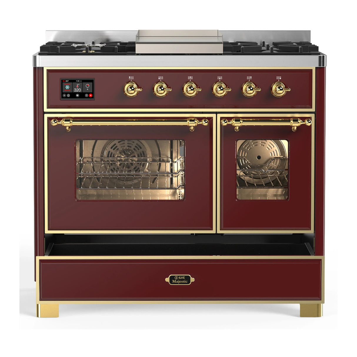 ILVE Majestic III 40-inch Dual Fuel Range with 5 Liquid Propane Burner, Griddle and Triple Glass Door Electric Oven in Burgundy with Brass Trim (UMD40FNR3BUGLP)