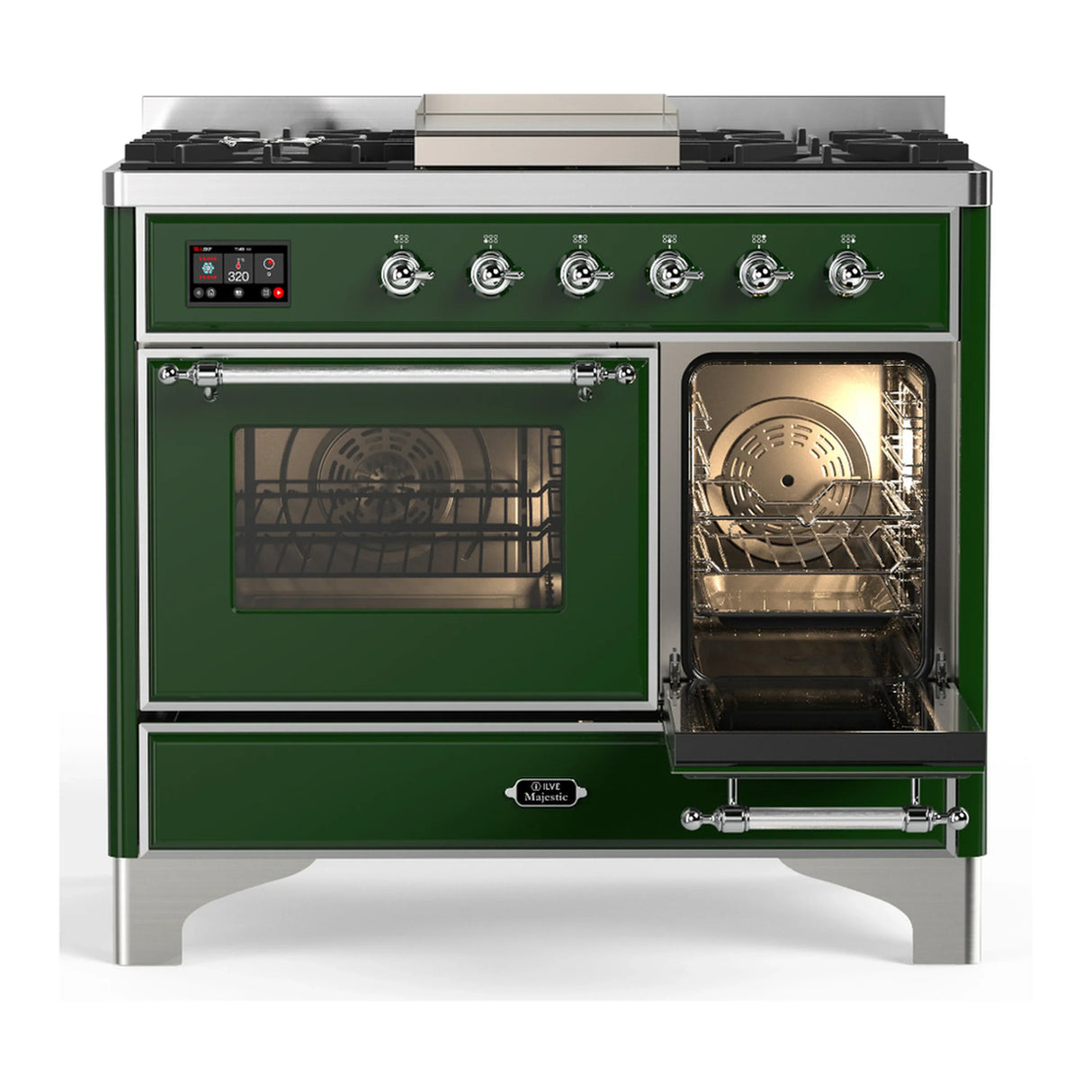 ILVE Majestic III 40-inch Dual Fuel Range with 6 Natural Gas Burner, Griddle and Triple Glass Door Electric Oven in Emerald Green with Chrome Trim (UMD40FNR3EGC)