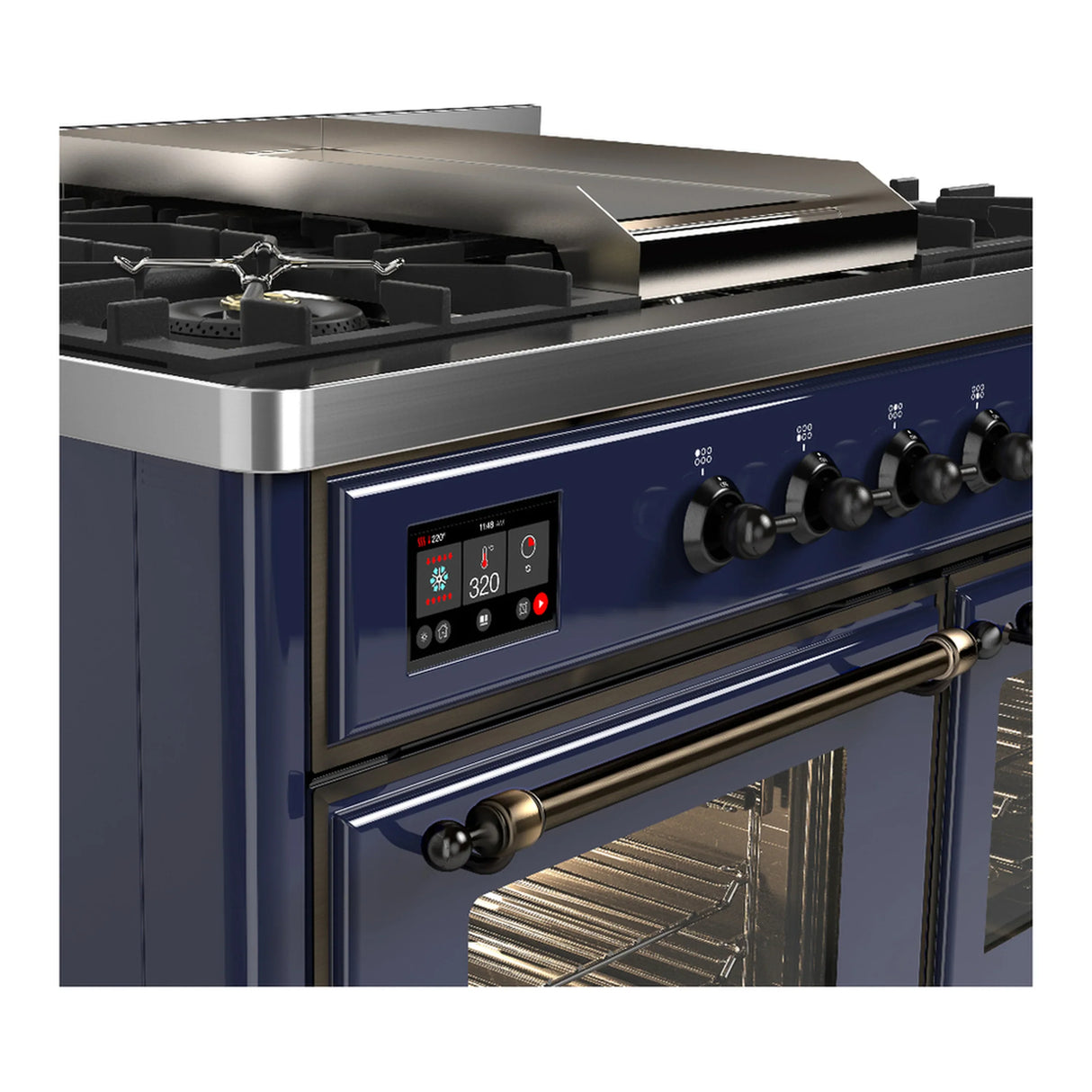 ILVE Majestic III 40-inch Dual Fuel Range with 6 Natural Gas Burner, Griddle and Triple Glass Door Electric Oven in Midnight Blue with Burnished Trim (UMD40FNR3MBB)