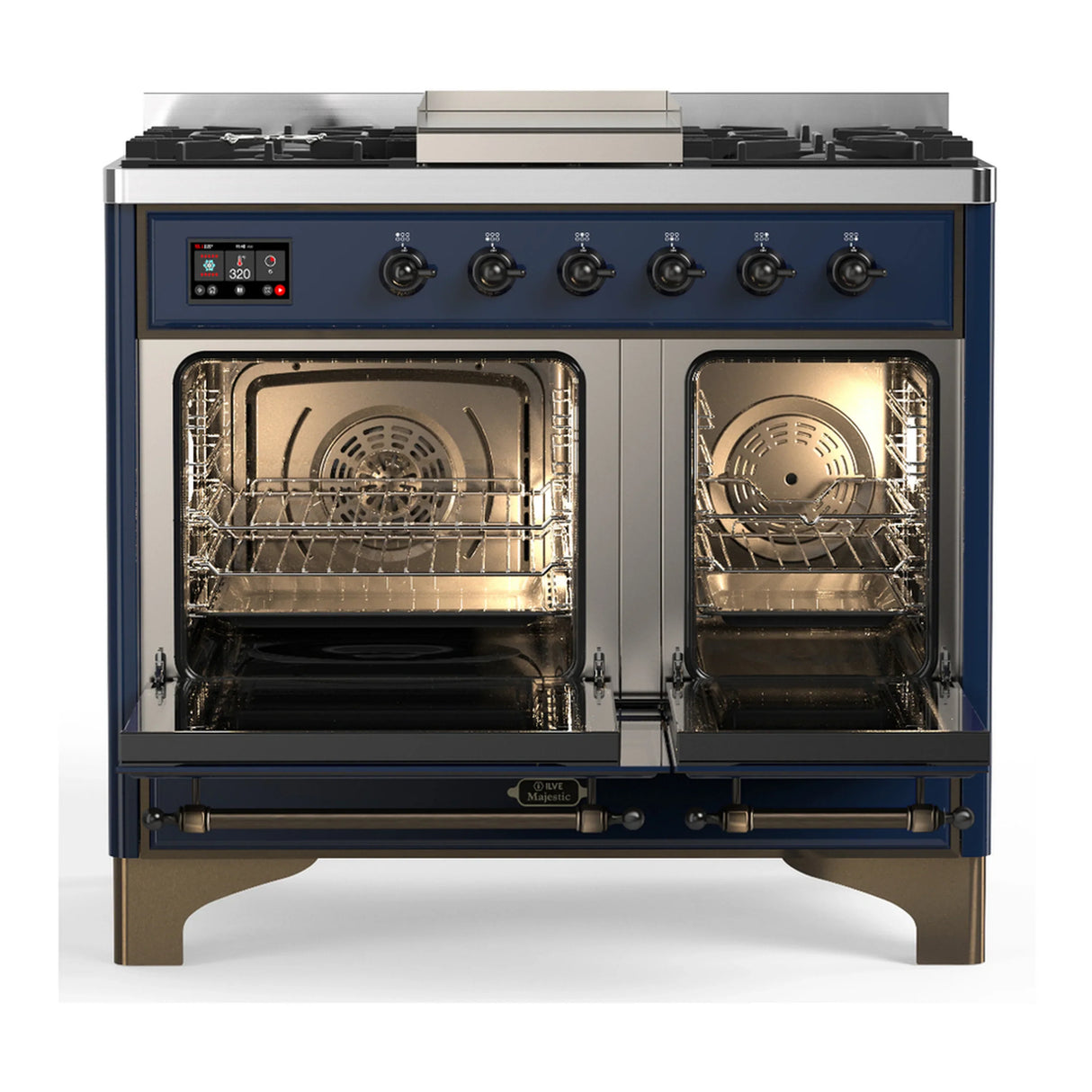 ILVE Majestic III 40-inch Dual Fuel Range with 6 Natural Gas Burner, Griddle and Triple Glass Door Electric Oven in Midnight Blue with Burnished Trim (UMD40FNR3MBB)
