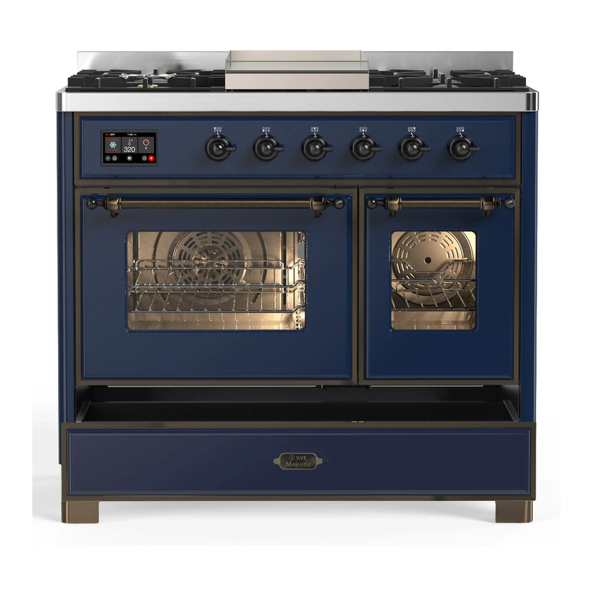 ILVE Majestic III 40-inch Dual Fuel Range with 6 Natural Gas Burner, Griddle and Triple Glass Door Electric Oven in Midnight Blue with Burnished Trim (UMD40FNR3MBB)