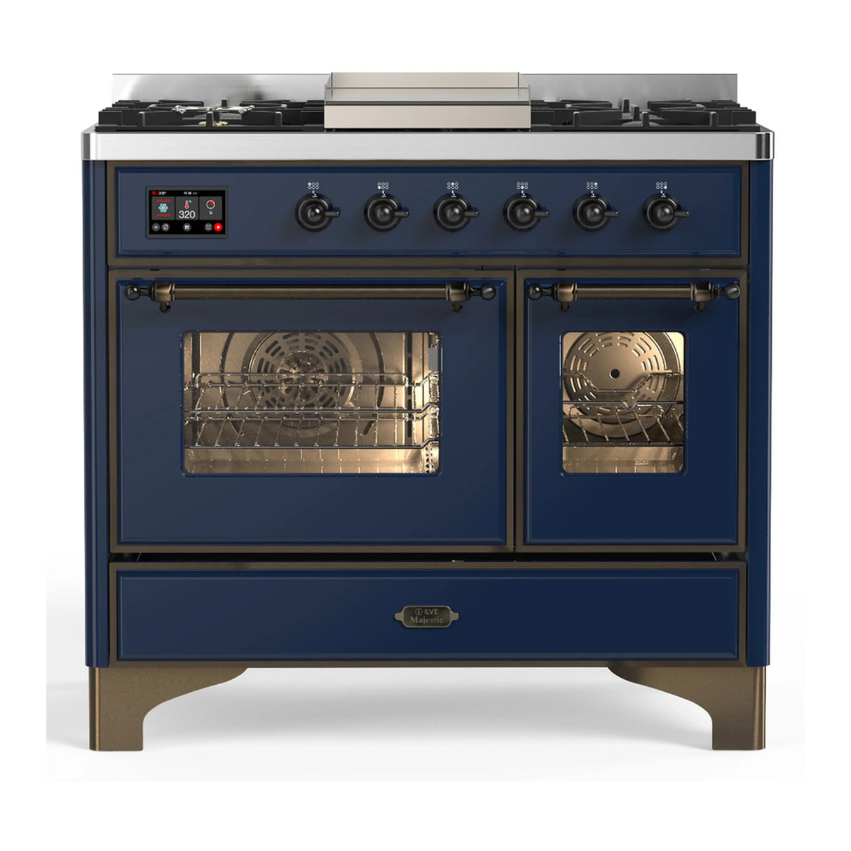 ILVE Majestic III 40-inch Dual Fuel Range with 6 Natural Gas Burner, Griddle and Triple Glass Door Electric Oven in Midnight Blue with Burnished Trim (UMD40FNR3MBB)