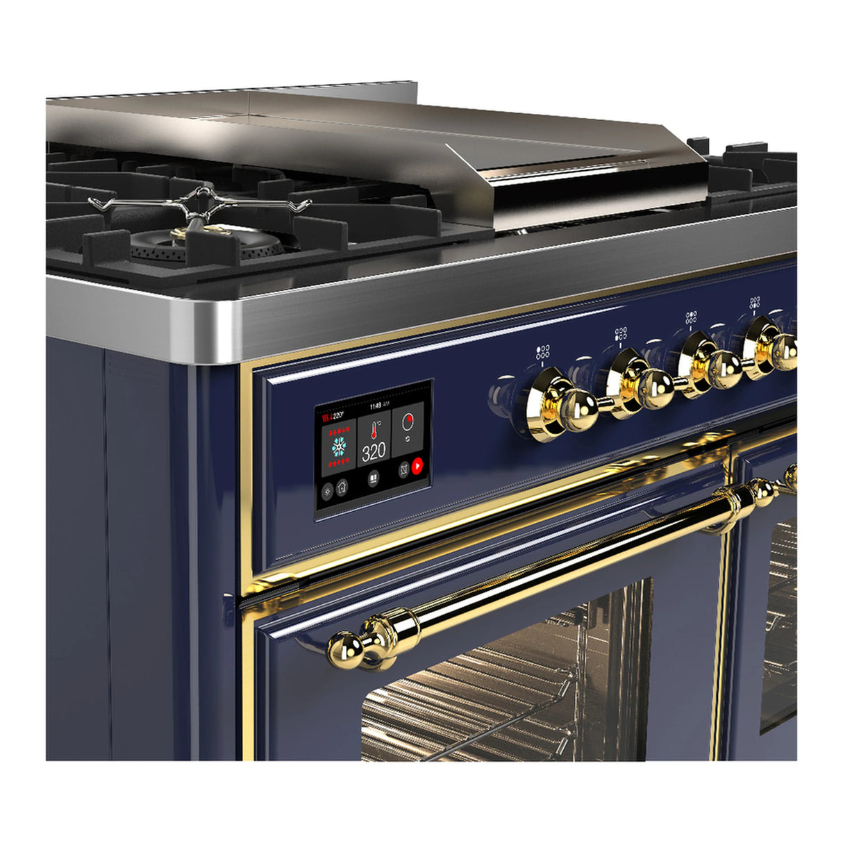 ILVE Majestic III 40-inch Dual Fuel Range with 6 Natural Gas Burner, Griddle and Triple Glass Door Electric Oven in Blue Grey with Brass Trim (UMD40FNR3MBG)