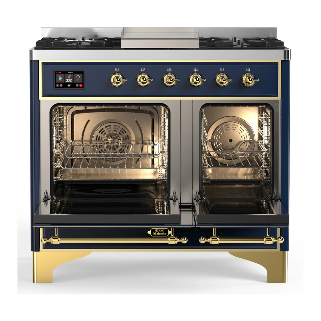 ILVE Majestic III 40-inch Dual Fuel Range with 6 Natural Gas Burner, Griddle and Triple Glass Door Electric Oven in Blue Grey with Brass Trim (UMD40FNR3MBG)