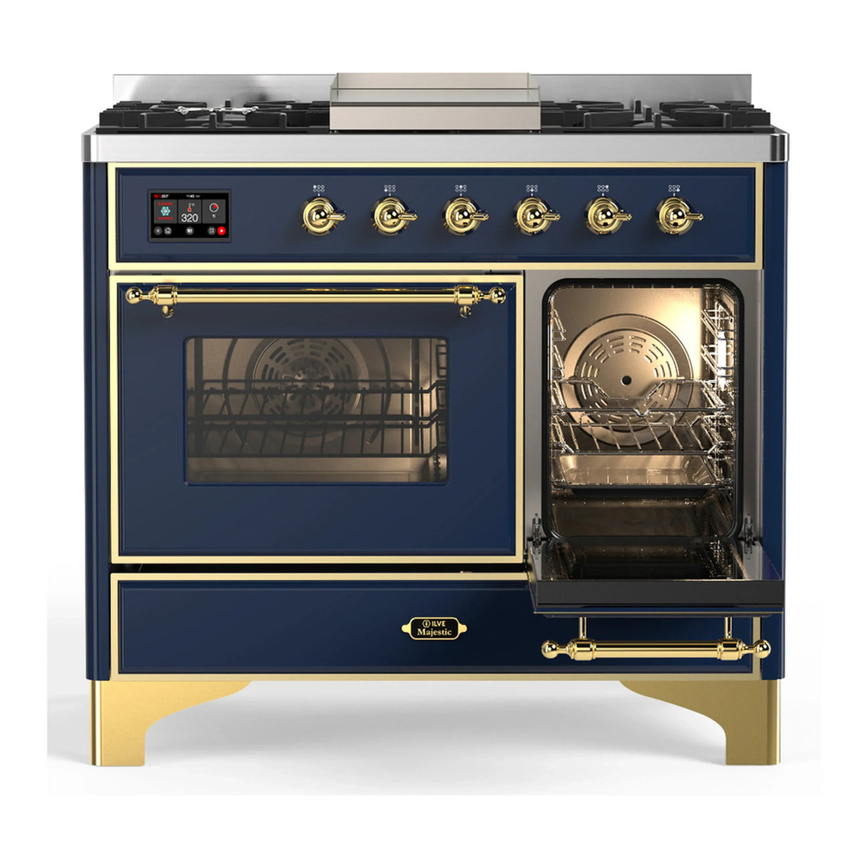 ILVE Majestic III 40-inch Dual Fuel Range with 6 Natural Gas Burner, Griddle and Triple Glass Door Electric Oven in Blue Grey with Brass Trim (UMD40FNR3MBG)