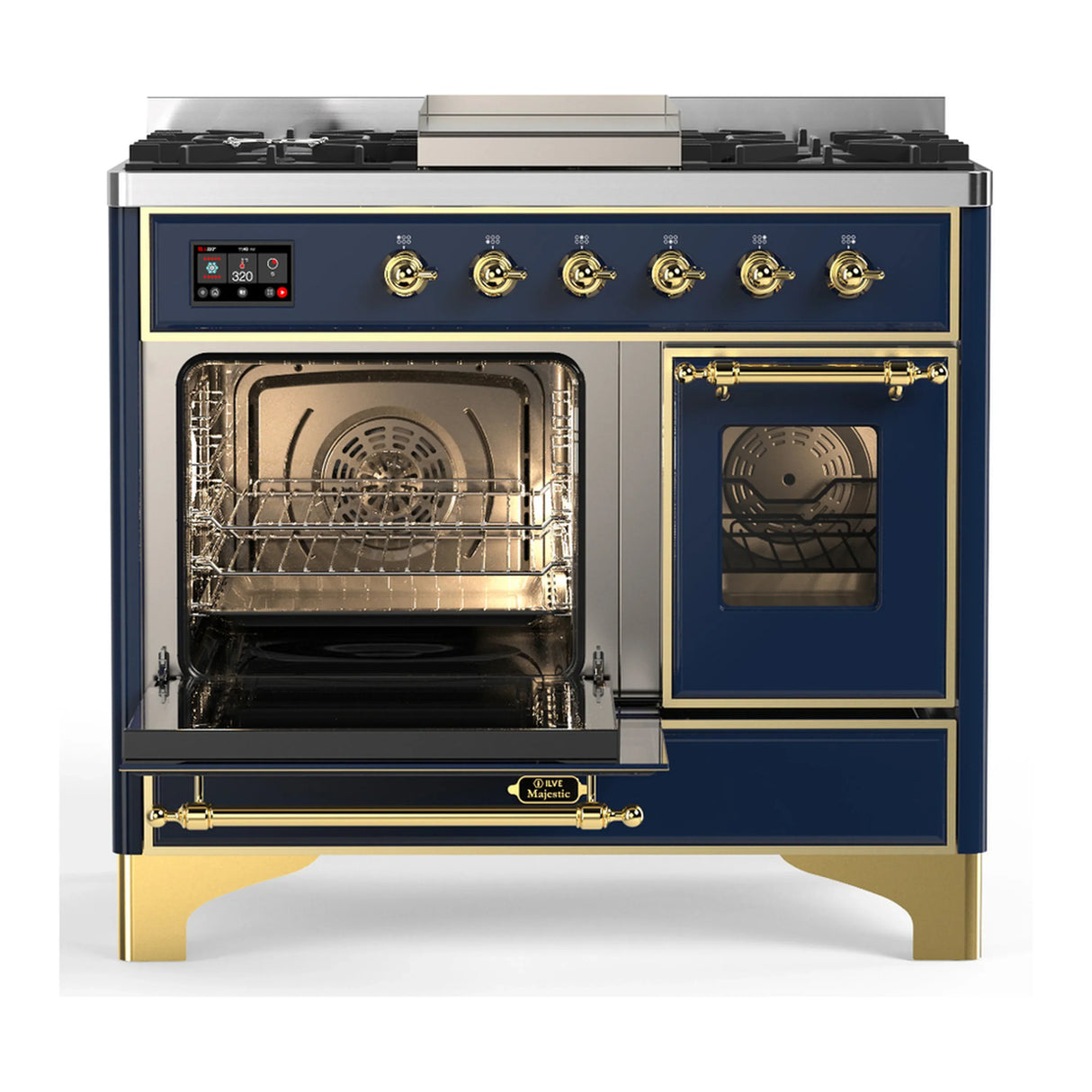 ILVE Majestic III 40-inch Dual Fuel Range with 6 Natural Gas Burner, Griddle and Triple Glass Door Electric Oven in Blue Grey with Brass Trim (UMD40FNR3MBG)