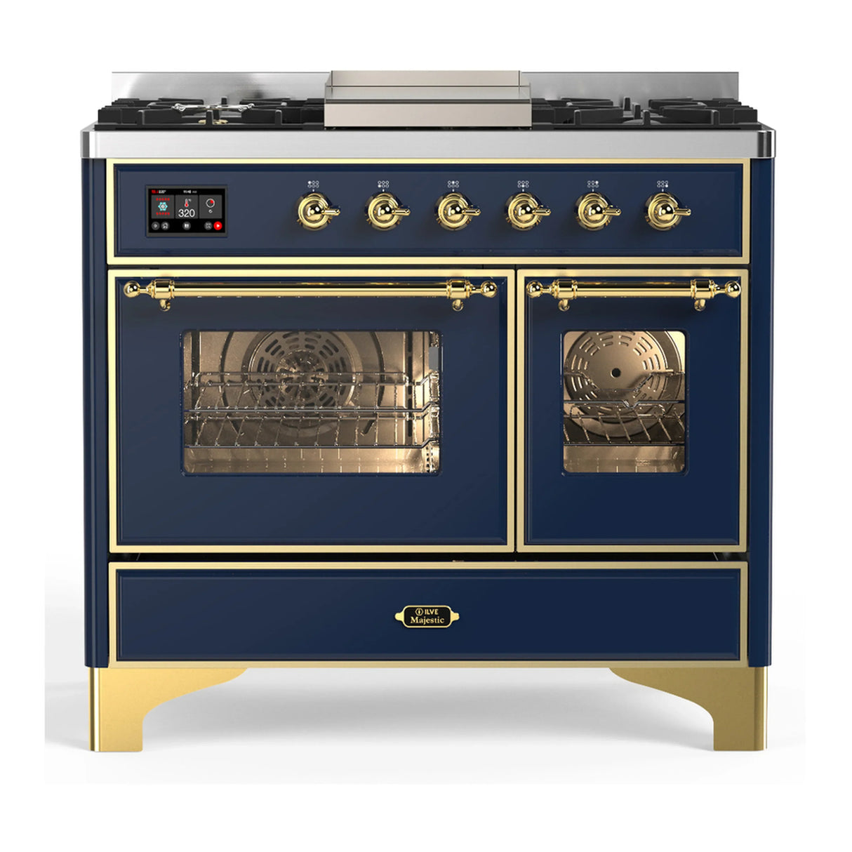 ILVE Majestic III 40-inch Dual Fuel Range with 6 Natural Gas Burner, Griddle and Triple Glass Door Electric Oven in Blue Grey with Brass Trim (UMD40FNR3MBG)