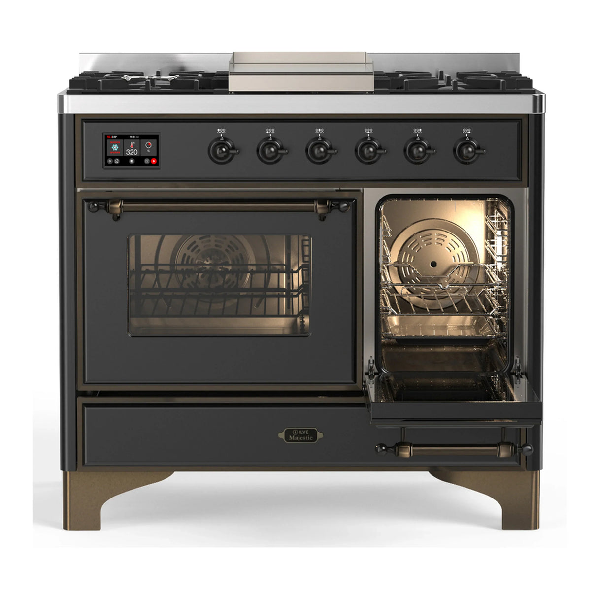 ILVE Majestic III 40-inch Dual Fuel Range with 6 Natural Gas Burner, Griddle and Triple Glass Door Electric Oven in Graphite Matte with Burnished Trim (UMD40FNR3MGB)