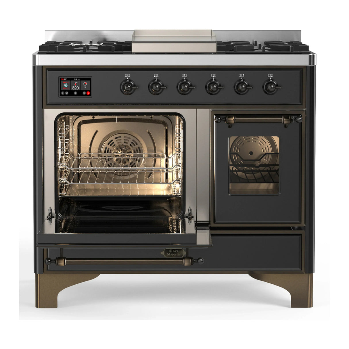 ILVE Majestic III 40-inch Dual Fuel Range with 5 Liquid Propane Burner, Griddle and Triple Glass Door Electric Oven in Graphite Matte with Burnished Trim (UMD40FNR3MGBLP)