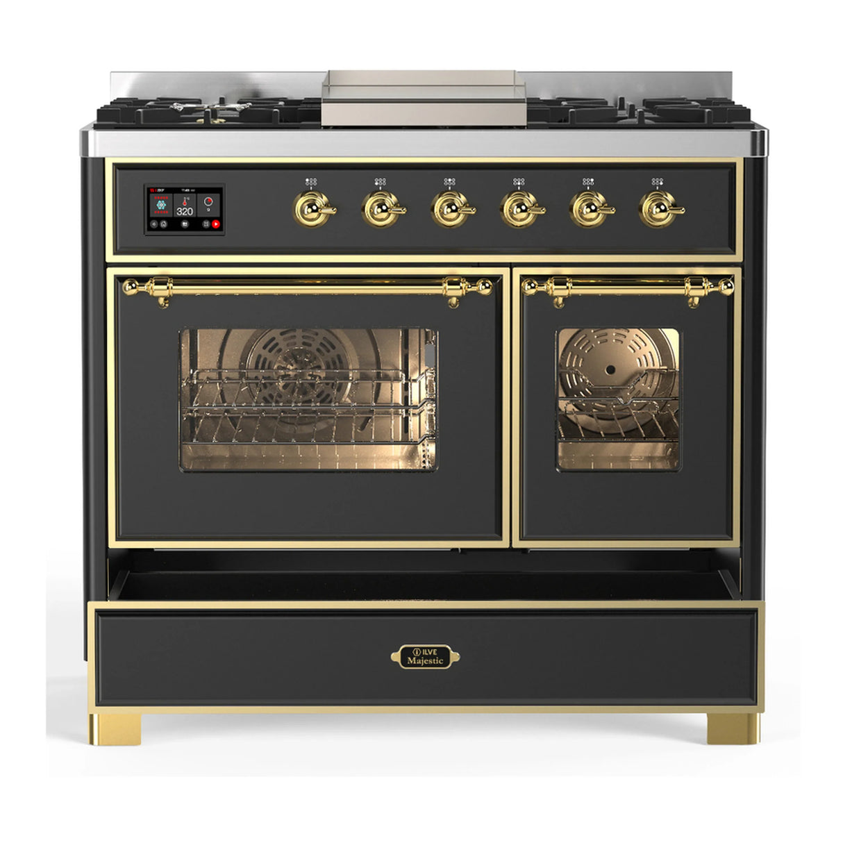 ILVE Majestic III 40-inch Dual Fuel Range with 5 Liquid Propane Burner, Griddle and Triple Glass Door Electric Oven in Graphite Matte with Brass Trim (UMD40FNR3MGGLP)