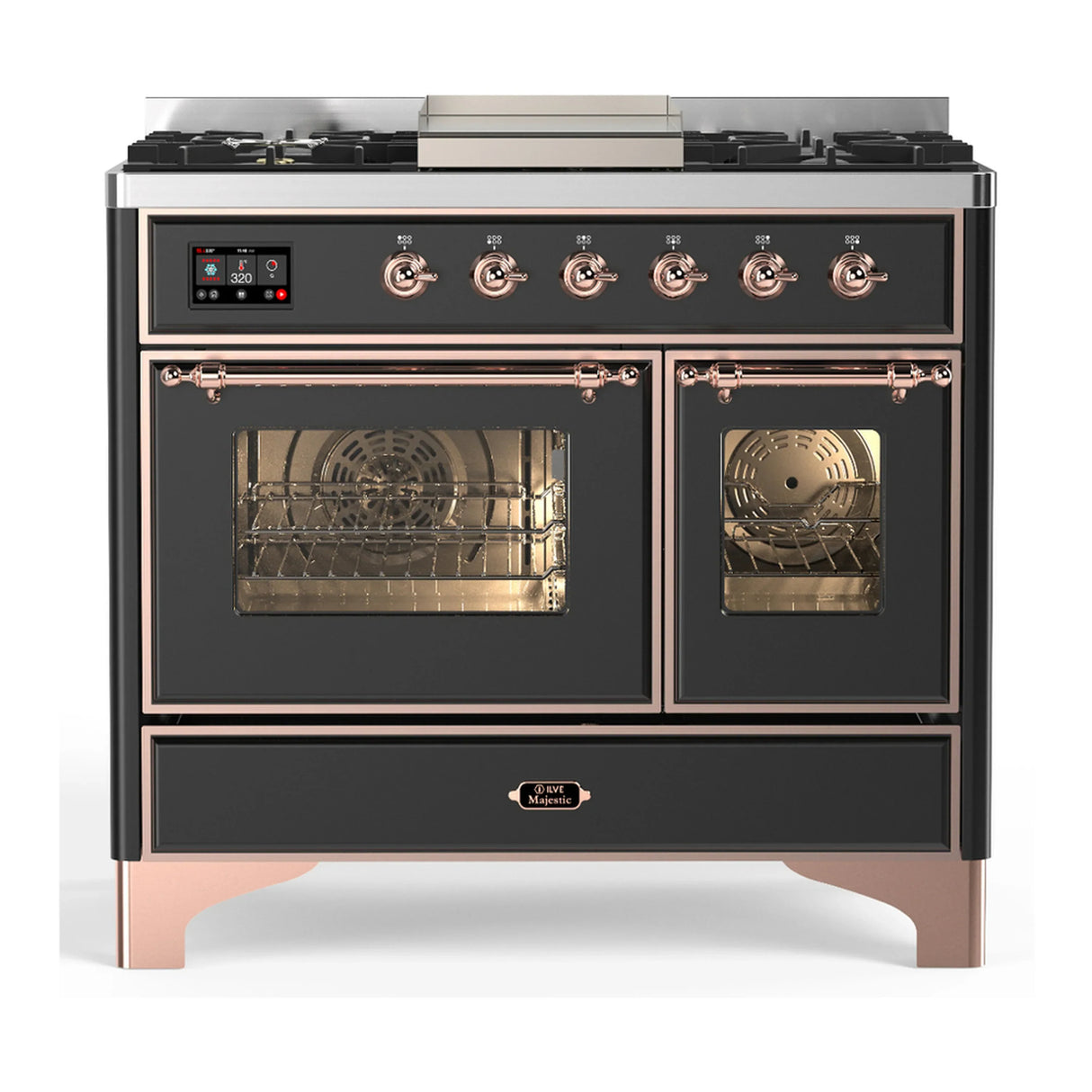 ILVE Majestic III 40-inch Dual Fuel Range with 5 Liquid Propane Burner, Griddle and Triple Glass Door Electric Oven in Graphite Matte with Copper Trim (UMD40FNR3MGPLP)