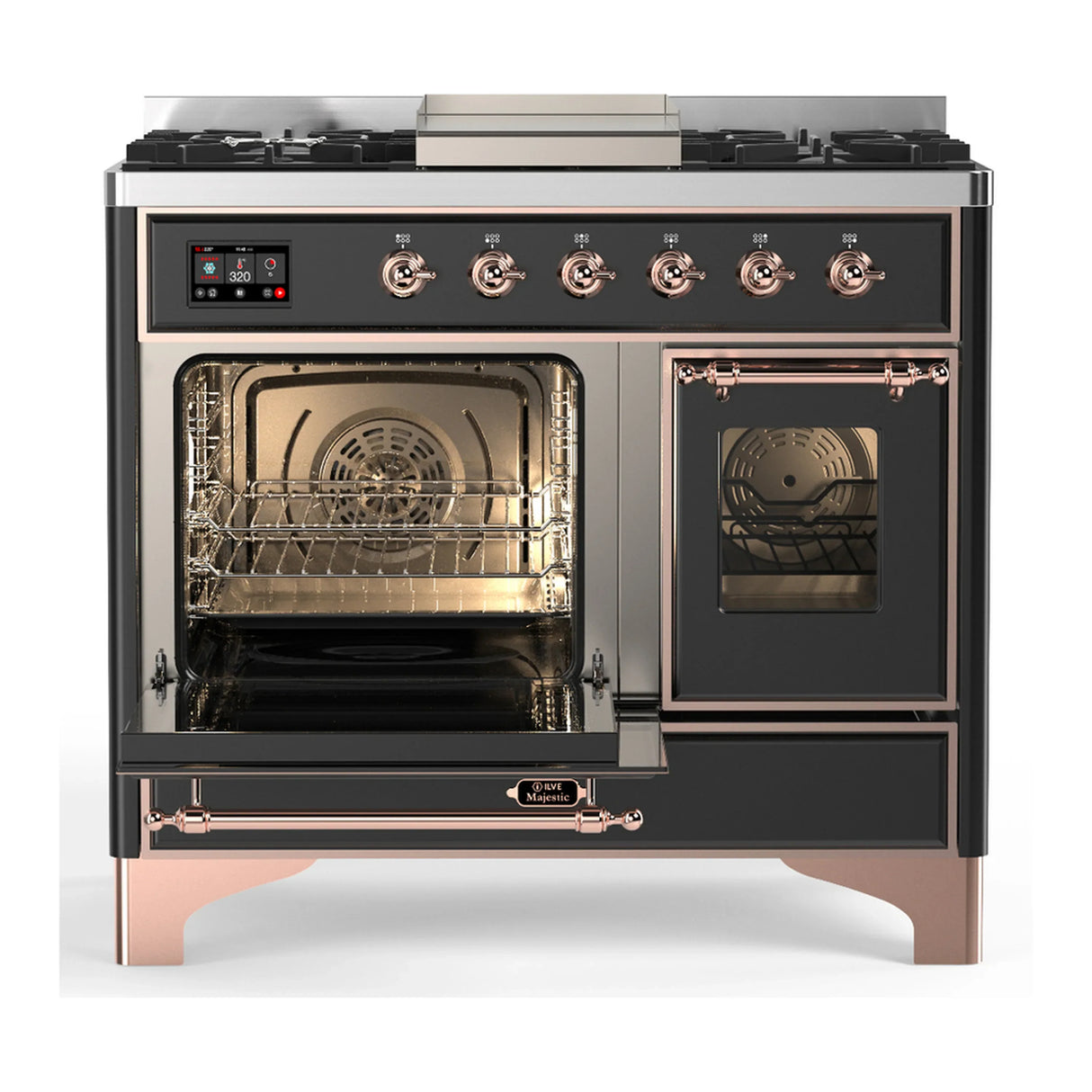 ILVE Majestic III 40-inch Dual Fuel Range with 6 Natural Gas Burner, Griddle and Triple Glass Door Electric Oven in Graphite Matte with Copper Trim (UMD40FNR3MGP)
