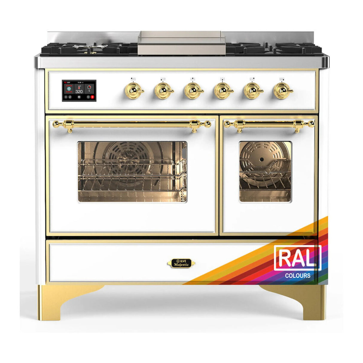 ILVE Majestic III 40-inch Dual Fuel Range with 5 Liquid Propane Burner, Griddle and Triple Glass Door Electric Oven in RAL with Brass Trim (UMD40FNR3RAGLP)