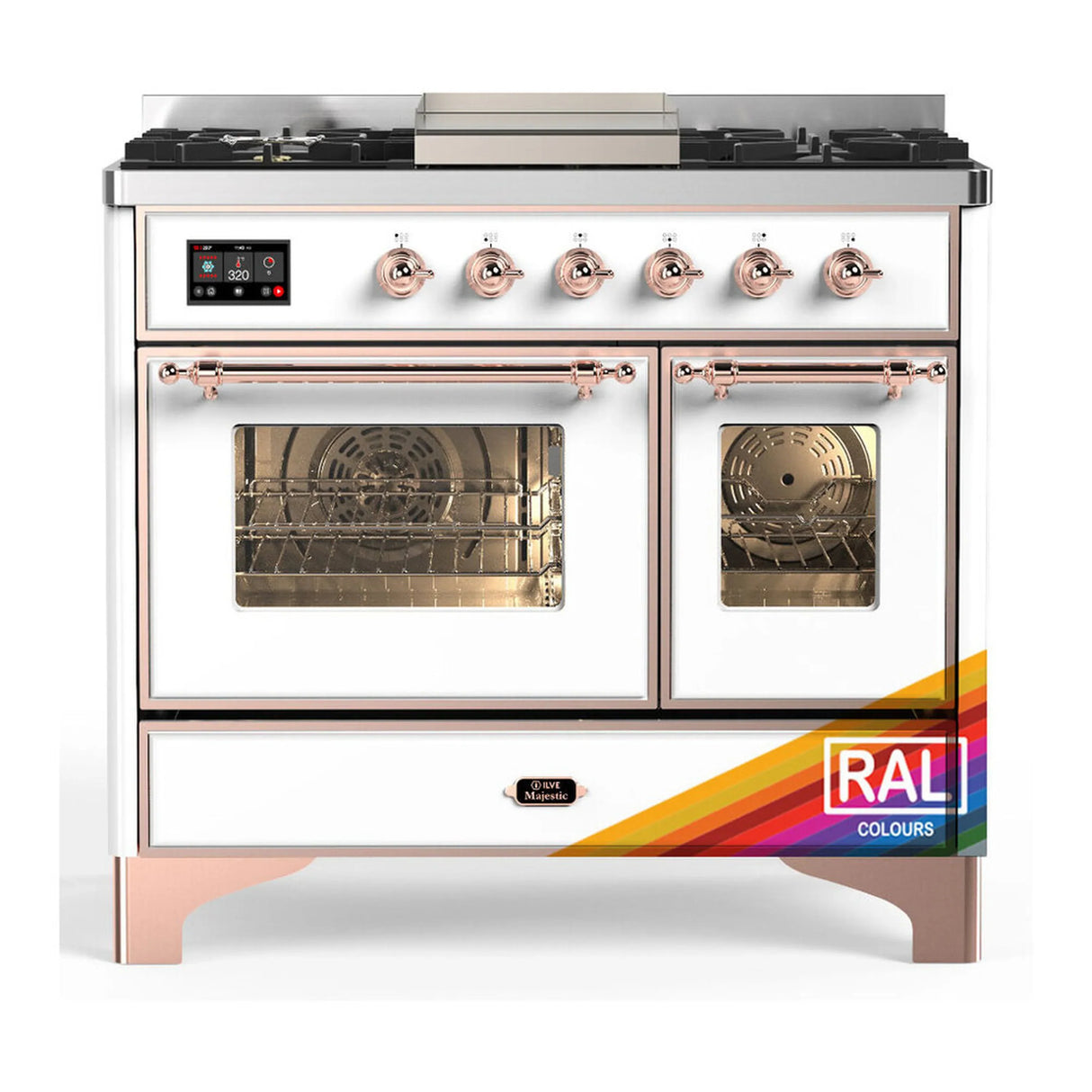ILVE Majestic III 40-inch Dual Fuel Range with 5 Liquid Propane Burner, Griddle and Triple Glass Door Electric Oven in RAL with Copper Trim (UMD40FNR3RAPLP)