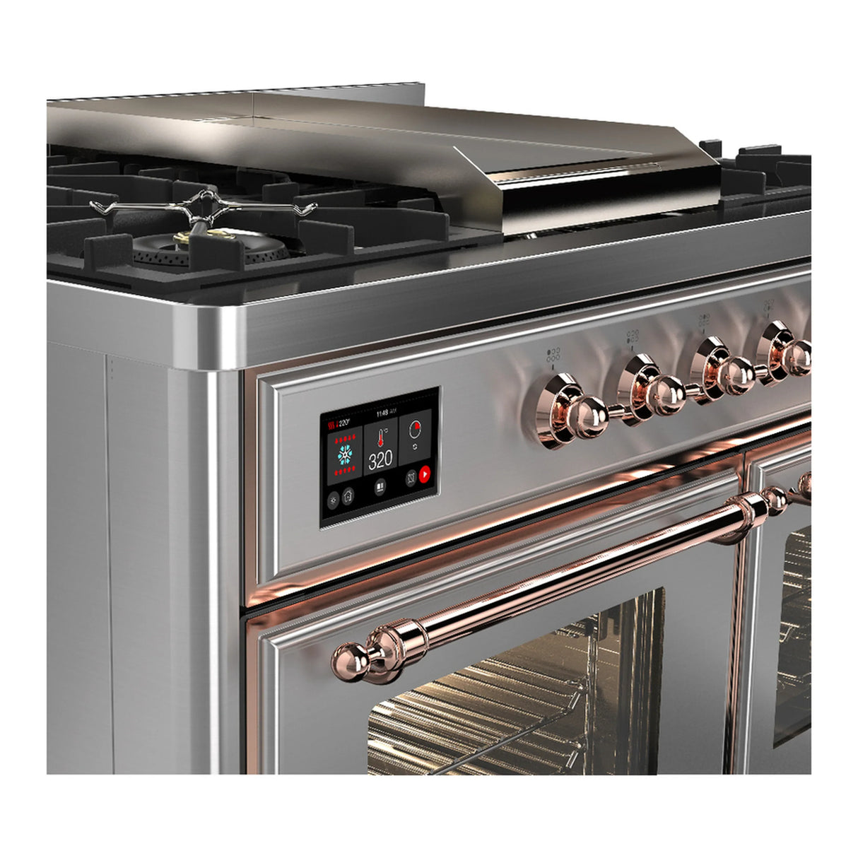 ILVE Majestic III 40-inch Dual Fuel Range with 6 Natural Gas Burner, Griddle and Triple Glass Door Electric Oven in Stainless Steel with Copper Trim (UMD40FNR3SSP)