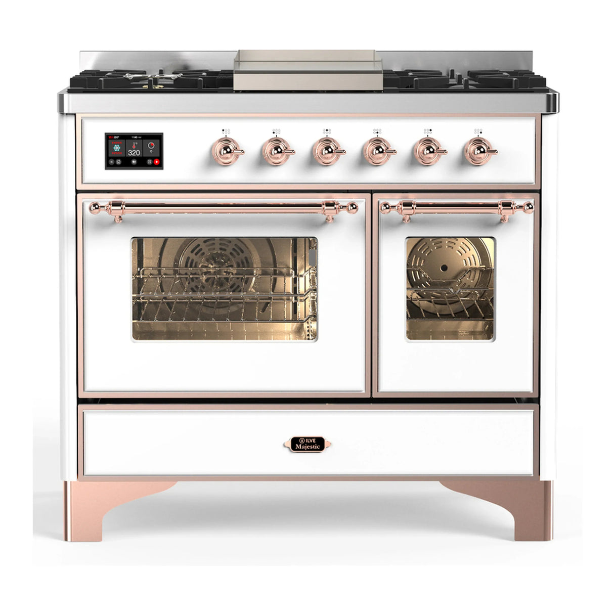 ILVE Majestic III 40-inch Dual Fuel Range with 5 Liquid Propane Burner, Griddle and Triple Glass Door Electric Oven in White with Copper Trim (UMD40FNR3WHPLP)