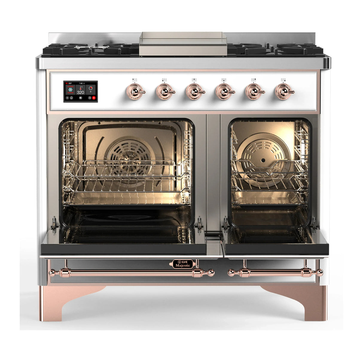 ILVE Majestic III 40-inch Dual Fuel Range with 5 Liquid Propane Burner, Griddle and Triple Glass Door Electric Oven in White with Copper Trim (UMD40FNR3WHPLP)