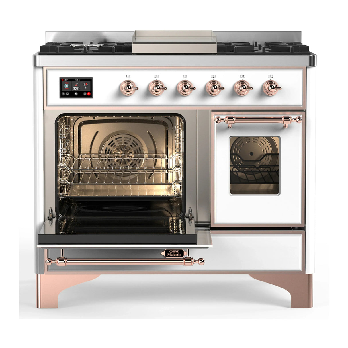 ILVE Majestic III 40-inch Dual Fuel Range with 5 Liquid Propane Burner, Griddle and Triple Glass Door Electric Oven in White with Copper Trim (UMD40FNR3WHPLP)