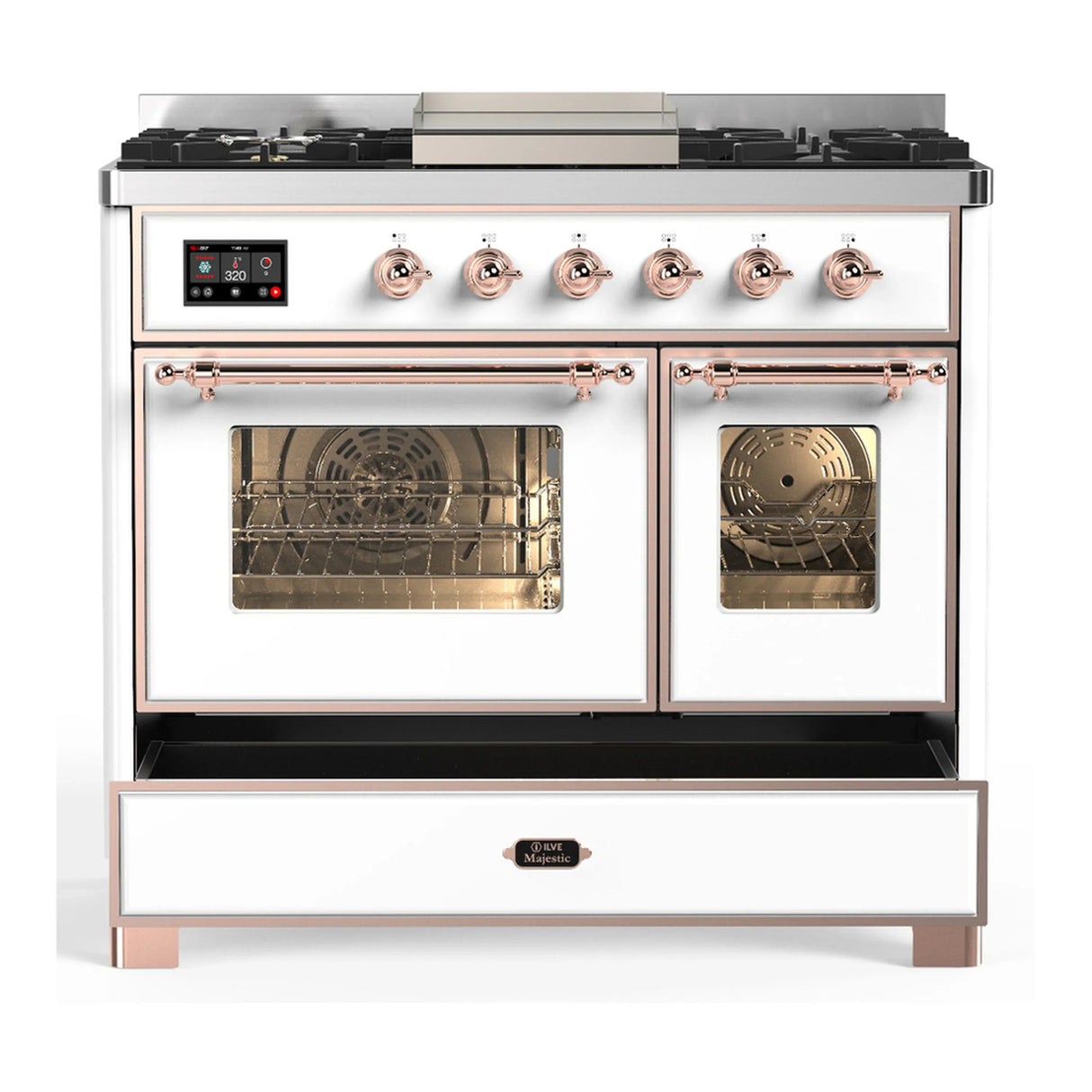 ILVE Majestic III 40-inch Dual Fuel Range with 6 Natural Gas Burner, Griddle and Triple Glass Door Electric Oven in White with Copper Trim (UMD40FNR3WHP)