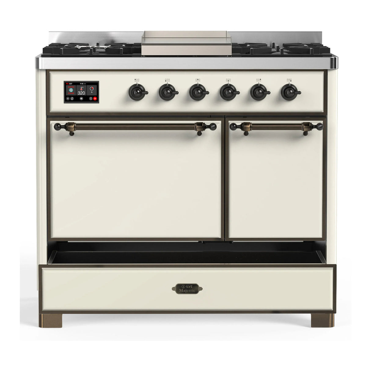 ILVE Majestic III 40-inch Dual Fuel Range with 5 Liquid Propane Burner, Griddle and Solid Door Electric Oven in Antique White with Burnished Trim (UMD40FQNR3AWBLP)