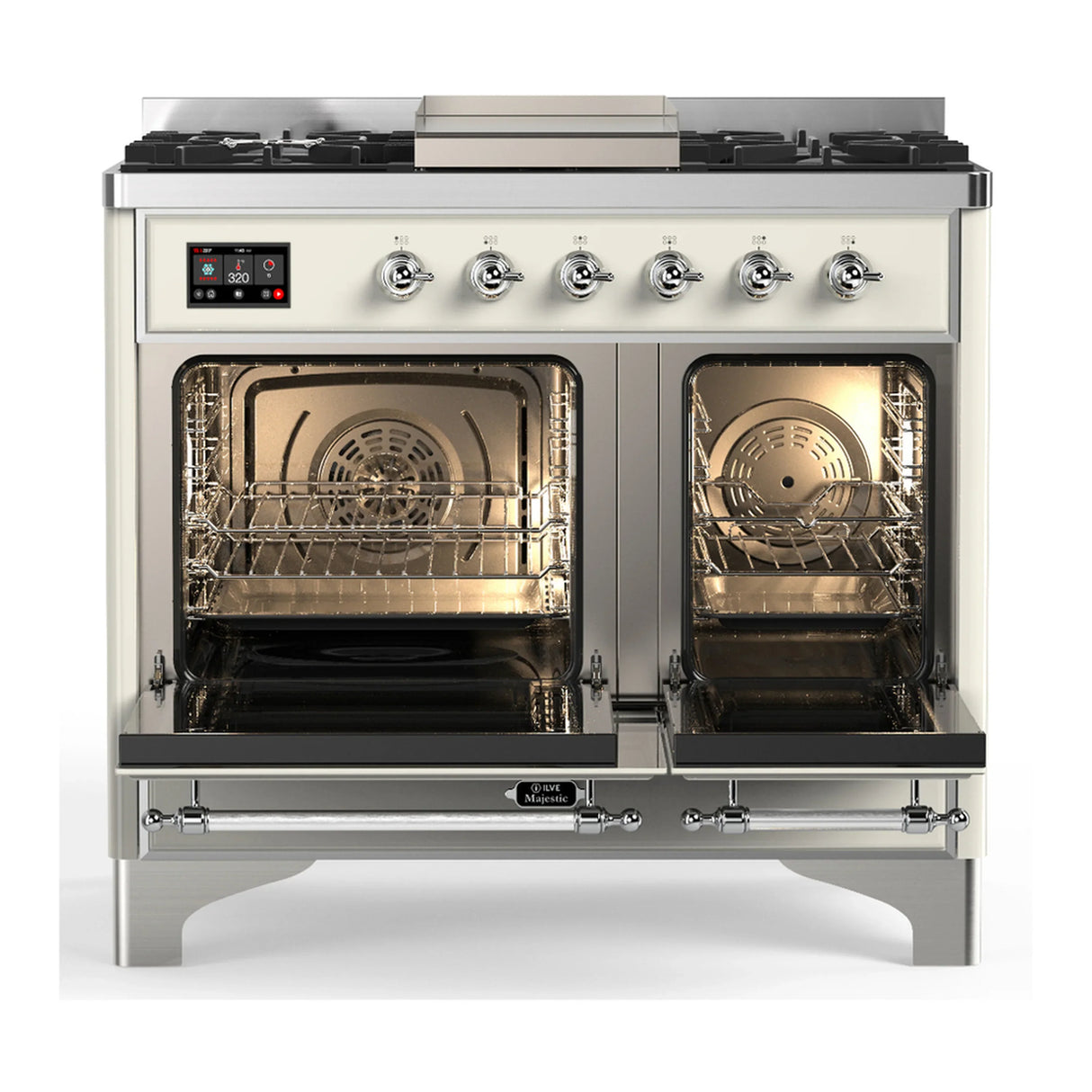 ILVE Majestic III 40-inch Dual Fuel Range with 5 Liquid Propane Burner, Griddle and Solid Door Electric Oven in Antique White with Chrome Trim (UMD40FQNR3AWCLP)