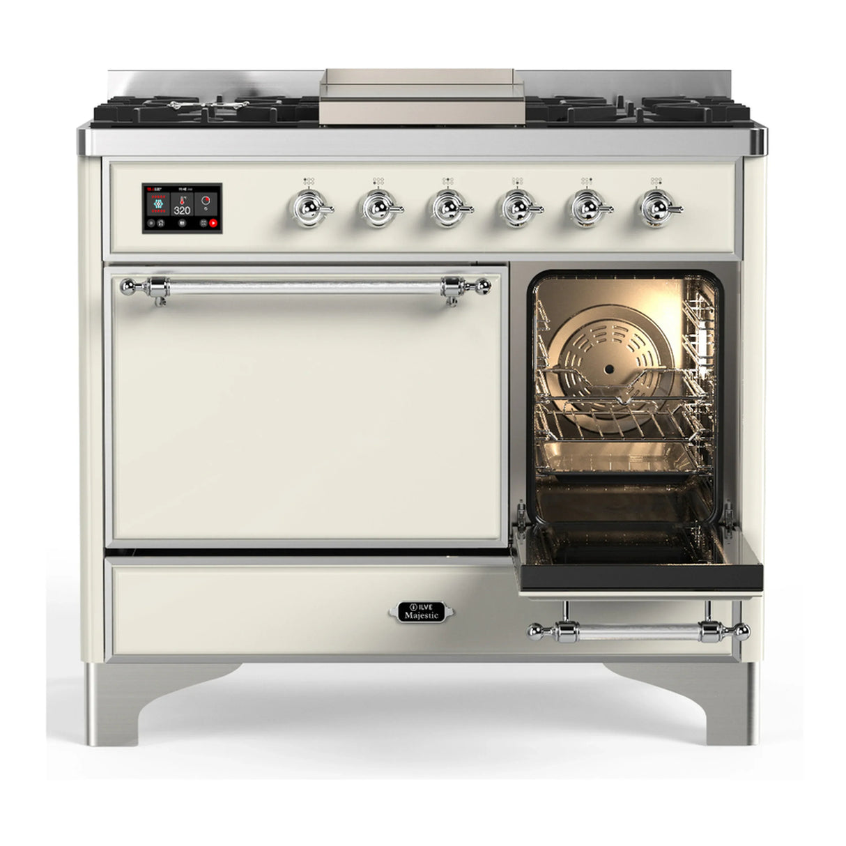 ILVE Majestic III 40-inch Dual Fuel Range with 5 Liquid Propane Burner, Griddle and Solid Door Electric Oven in Antique White with Chrome Trim (UMD40FQNR3AWCLP)