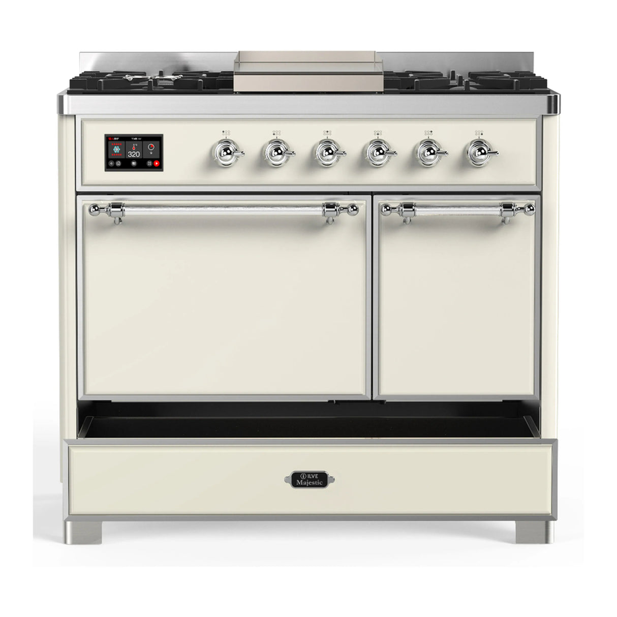 ILVE Majestic III 40-inch Dual Fuel Range with 5 Liquid Propane Burner, Griddle and Solid Door Electric Oven in Antique White with Chrome Trim (UMD40FQNR3AWCLP)