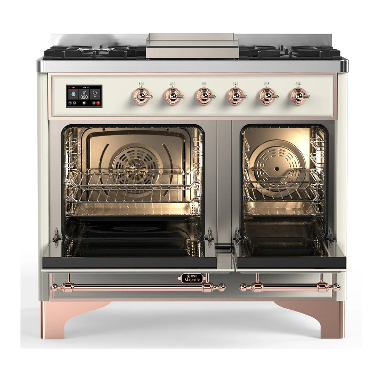 ILVE Majestic III 40-inch Dual Fuel Range with 5 Liquid Propane Burner, Griddle and Solid Door Electric Oven in Antique White with Copper Trim (UMD40FQNR3AWPLP)