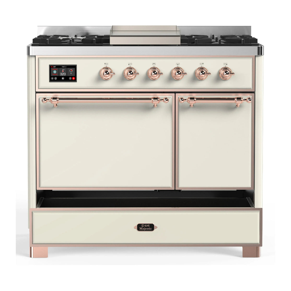 ILVE Majestic III 40-inch Dual Fuel Range with 5 Liquid Propane Burner, Griddle and Solid Door Electric Oven in Antique White with Copper Trim (UMD40FQNR3AWPLP)