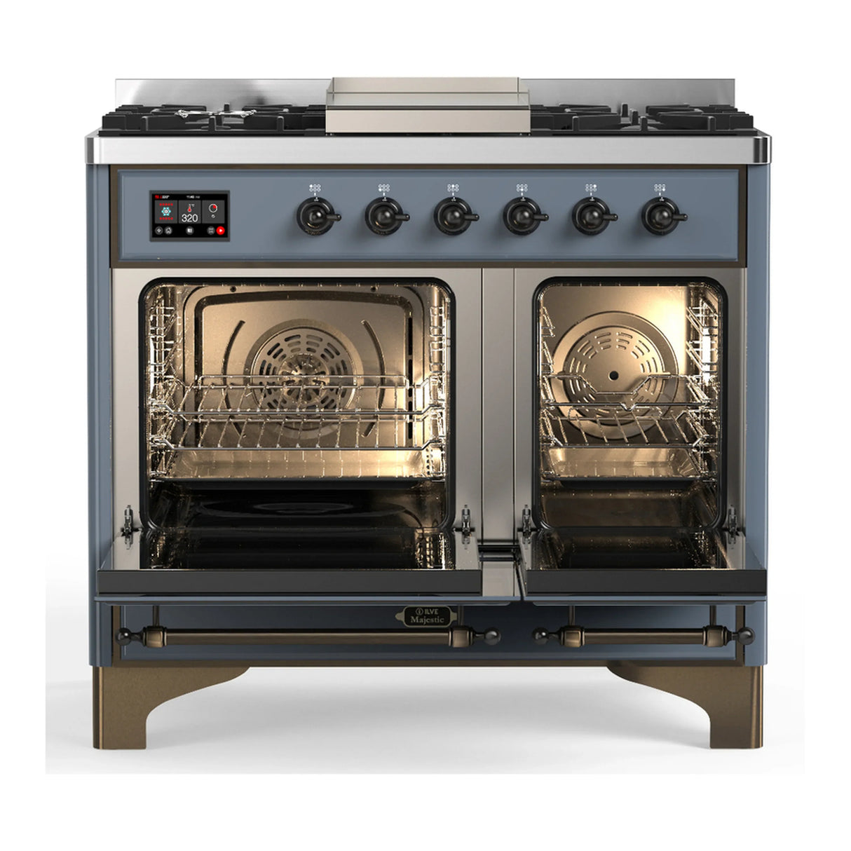 ILVE Majestic III 40-inch Dual Fuel Range with 6 Natural Gas Burner, Griddle and Solid Door Electric Oven in Blue Grey with Burnished Trim (UMD40FQNR3BGB)