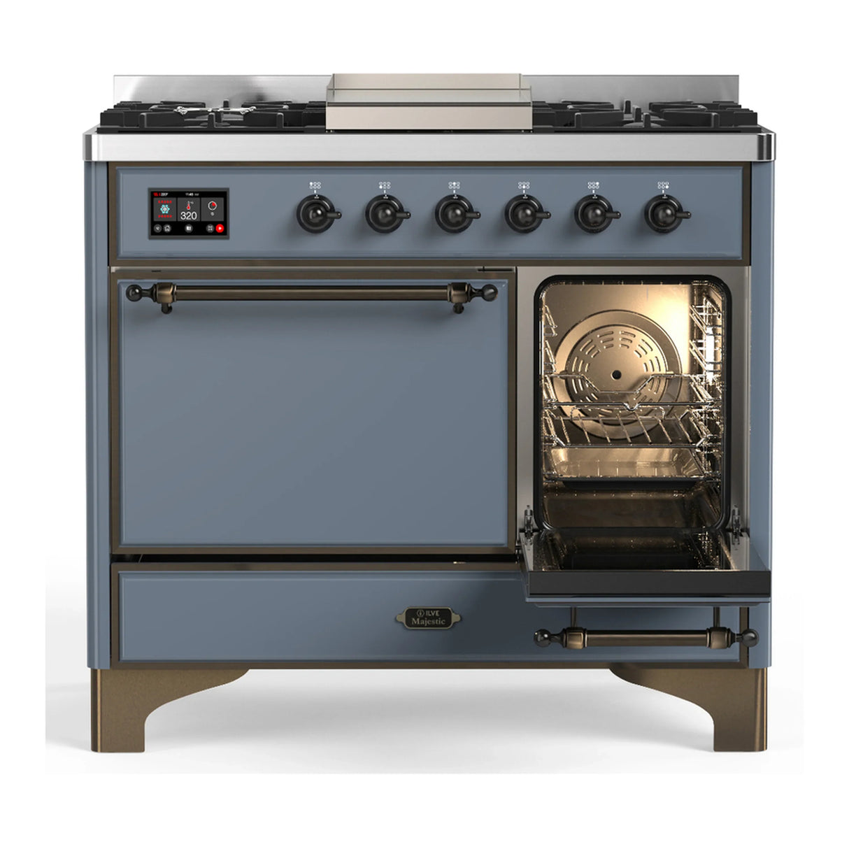 ILVE Majestic III 40-inch Dual Fuel Range with 6 Natural Gas Burner, Griddle and Solid Door Electric Oven in Blue Grey with Burnished Trim (UMD40FQNR3BGB)