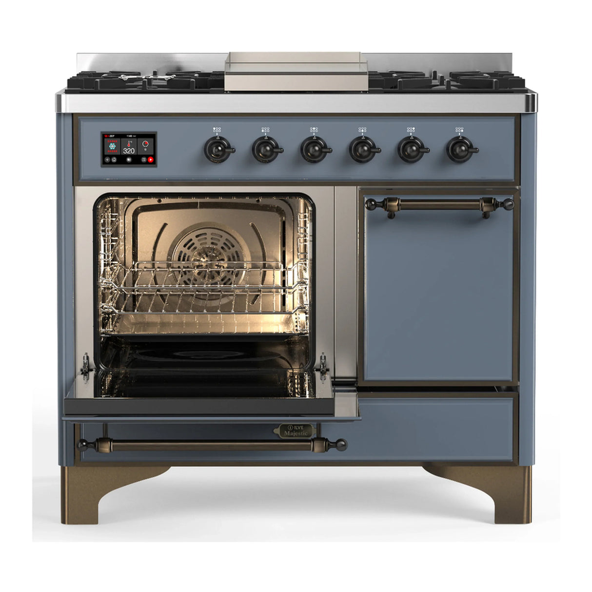 ILVE Majestic III 40-inch Dual Fuel Range with 6 Natural Gas Burner, Griddle and Solid Door Electric Oven in Blue Grey with Burnished Trim (UMD40FQNR3BGB)