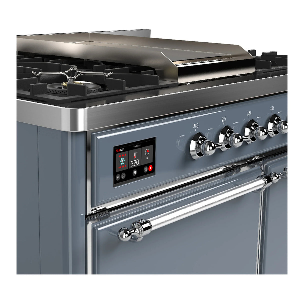 ILVE Majestic III 40-inch Dual Fuel Range with 6 Natural Gas Burner, Griddle and Solid Door Electric Oven in Blue Grey with Chrome Trim (UMD40FQNR3BGC)