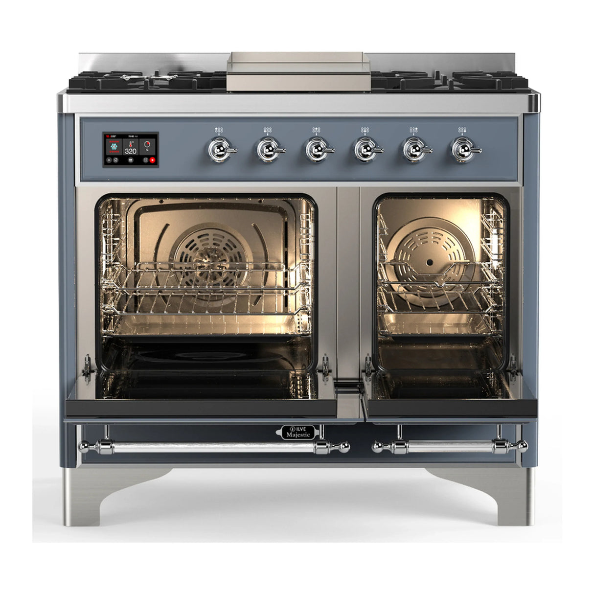 ILVE Majestic III 40-inch Dual Fuel Range with 6 Natural Gas Burner, Griddle and Solid Door Electric Oven in Blue Grey with Chrome Trim (UMD40FQNR3BGC)