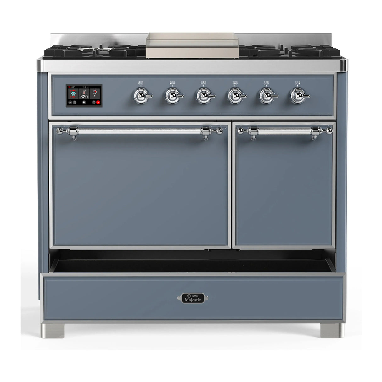 ILVE Majestic III 40-inch Dual Fuel Range with 6 Natural Gas Burner, Griddle and Solid Door Electric Oven in Blue Grey with Chrome Trim (UMD40FQNR3BGC)