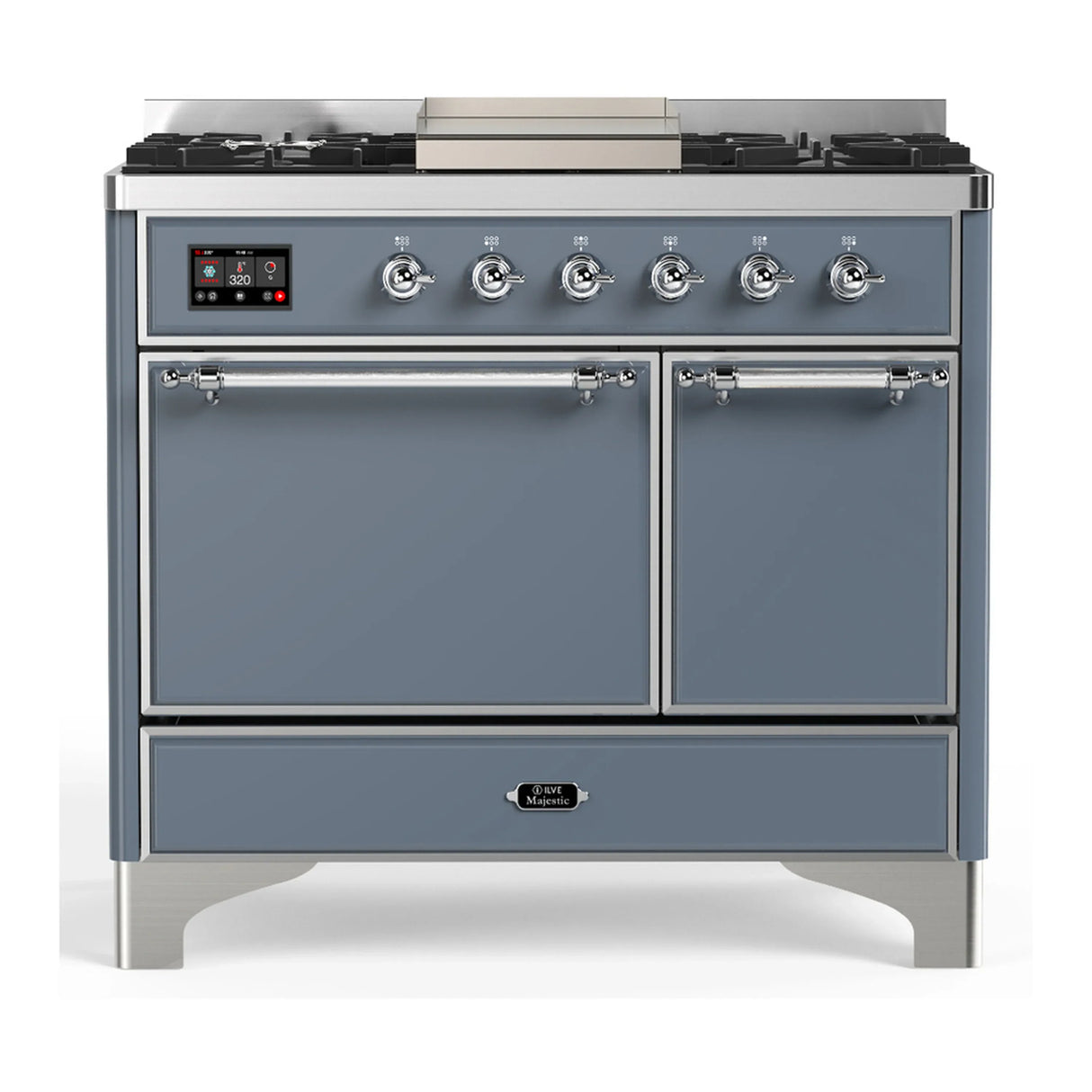 ILVE Majestic III 40-inch Dual Fuel Range with 6 Natural Gas Burner, Griddle and Solid Door Electric Oven in Blue Grey with Chrome Trim (UMD40FQNR3BGC)