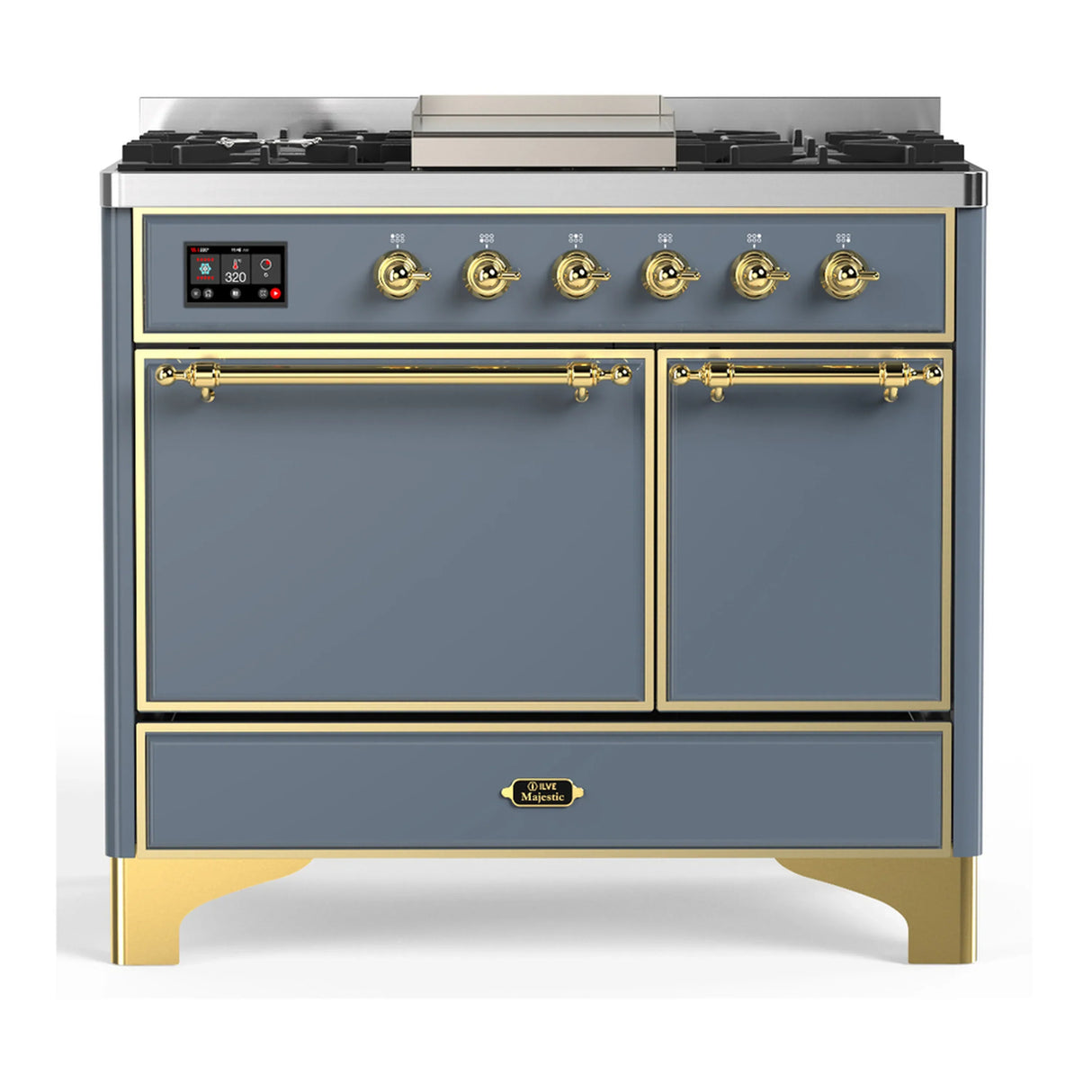 ILVE Majestic III 40-inch Dual Fuel Range with 5 Liquid Propane Burner, Griddle and Solid Door Electric Oven in Blue Grey with Brass Trim (UMD40FQNR3BGGLP)
